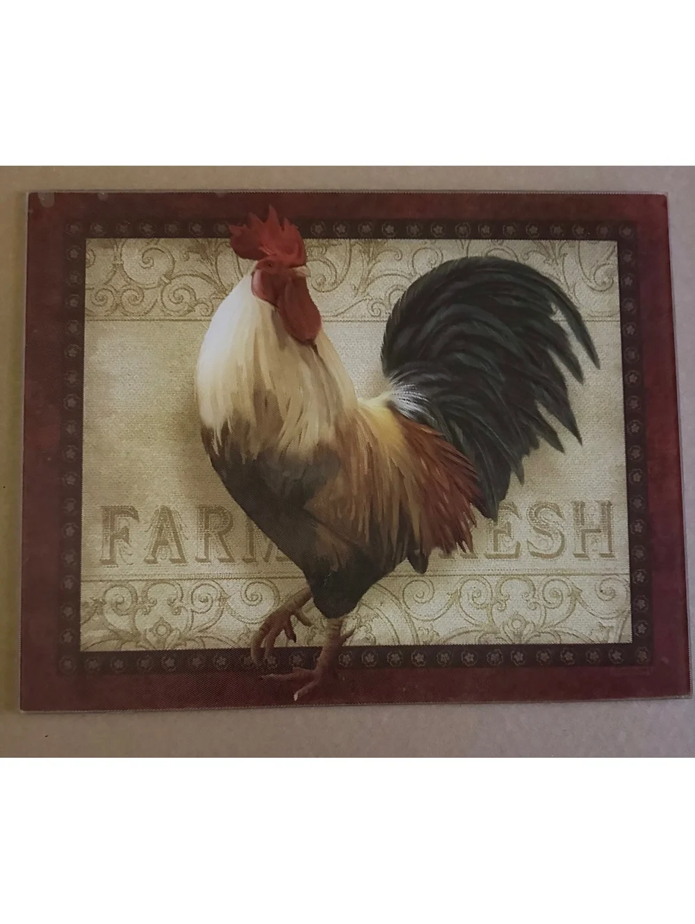 Farm Fresh Rooster Glass Cutting Board 12x16 Farmhouse Kitchen Decor